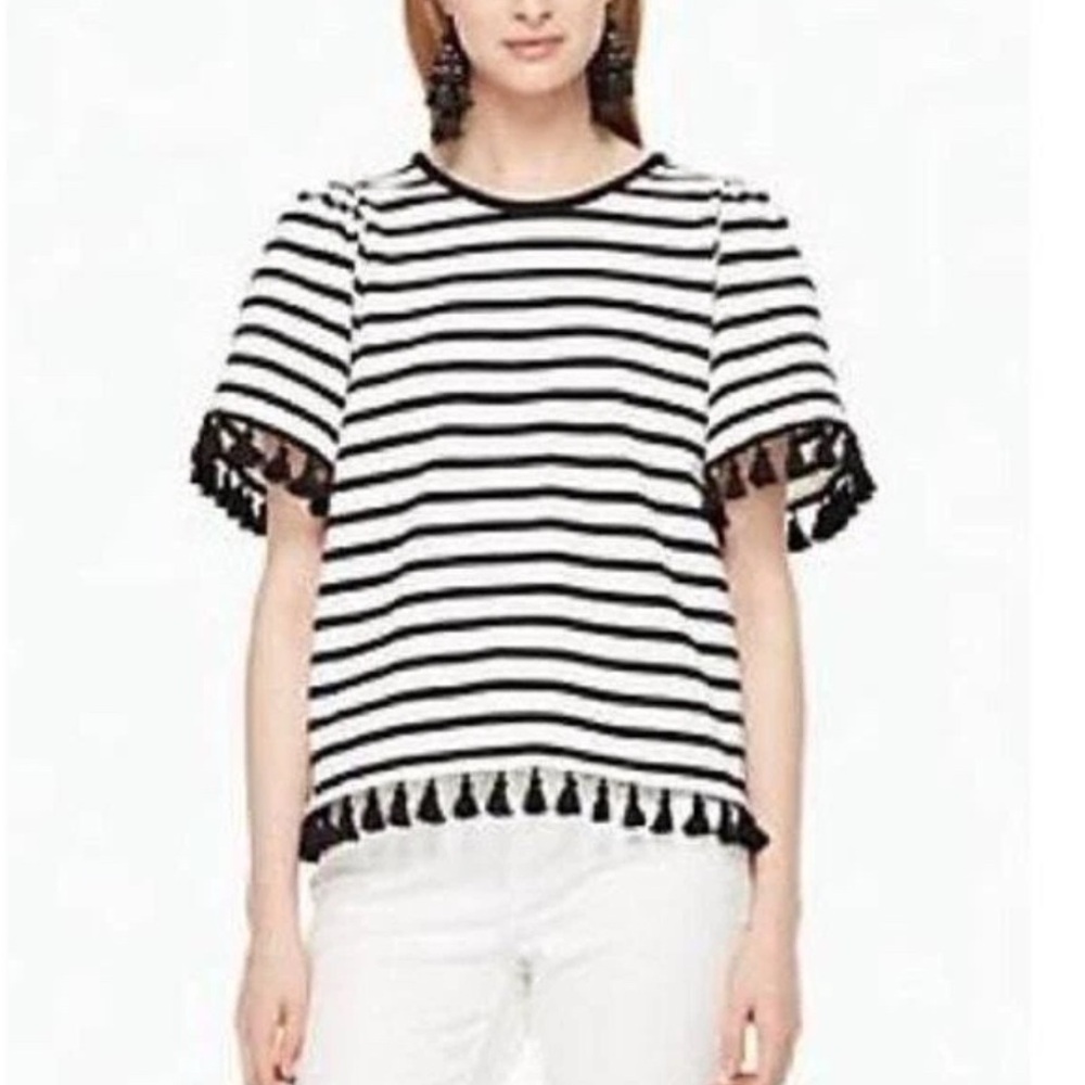 KATE SPADE Broome Street Striped Top Tassel Trim Size M Black & Off White
